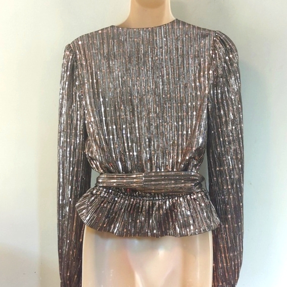 Lovers + Friends Goldie Metallic Sequin Tie Front Top S - Picture 7 of 15